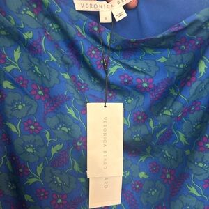 Veronica Beard Vibrant Blue Silk One Shoulder Top with Floral Design